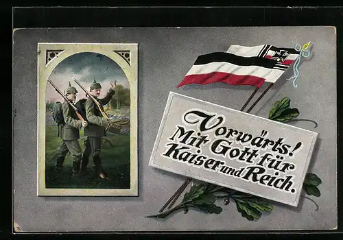 AK Soldaten in Uniform mit Gewehren, Fahnen