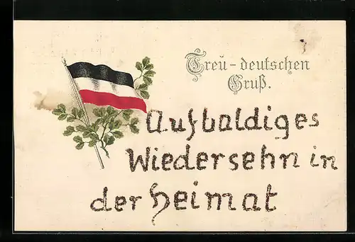 Glitzer-AK Treu-deutschen Gruss, Fahne mit Eichenzweig