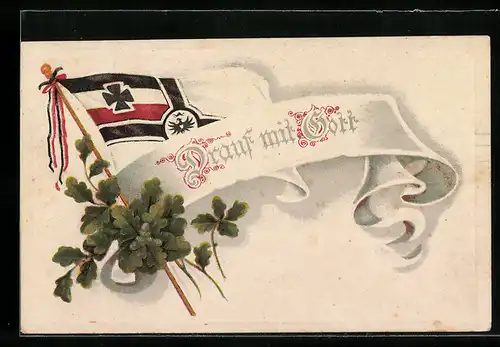 AK Reichskriegsflagge mit Eichenlaub und Spruch Drauf mit Gott