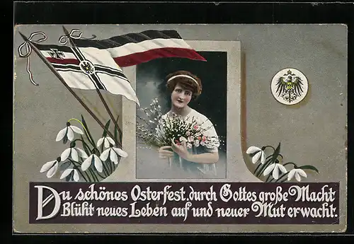 AK Deutscher Ostergruss, Reichs - und Reichskriegsfahne, Mädchen mit Blumenstrauss