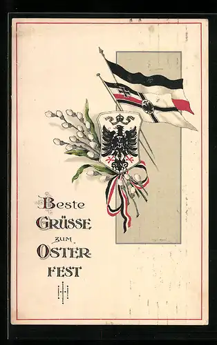 AK Fahnen, Reichsadler, Weidenkätzchen - Ostergruss