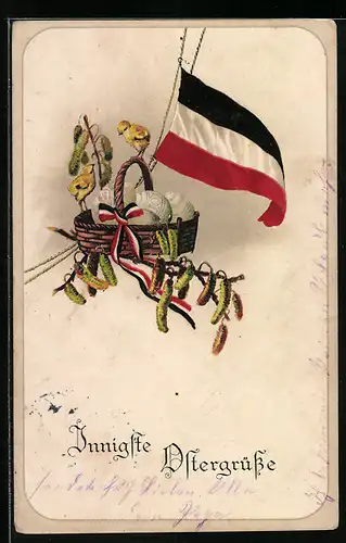 AK Osterküken am Osterkorb mit Fahnen, Ostergruss