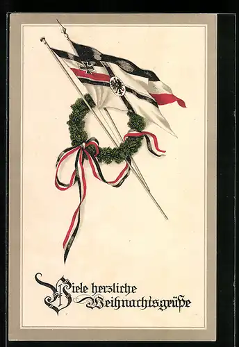 AK Fahnen im Kranz mit Fahnenband, Weihnachtsgruss