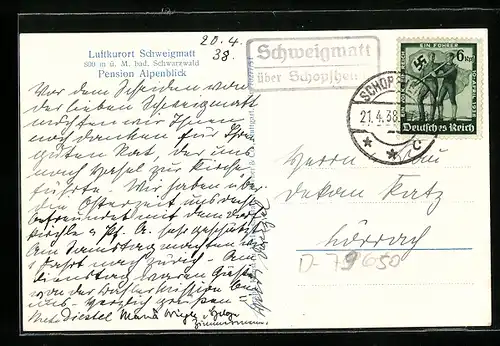 AK Landpoststempel Schweigmatt über Schopfheim