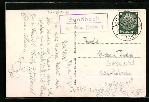 AK Landpoststempel Sandbach über Höchst /Odenwald
