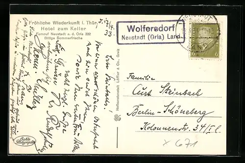 AK Landpoststempel Wolfersdorf-Neustadt (Orla) Land