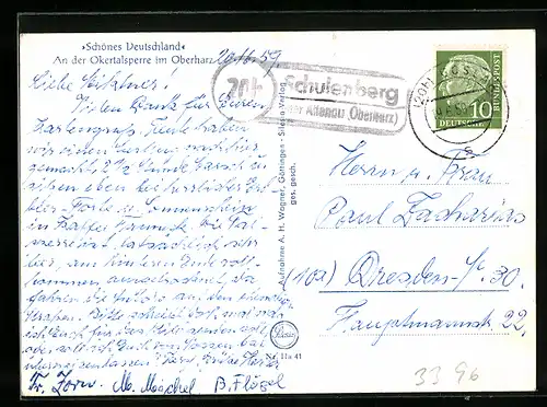 AK Landpoststempel Schulenberg über Altenaus (Oberharz)