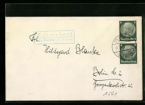 Briefumschlag Landpoststempel Tremsdorf über Trebbin (Kreis Teltow)