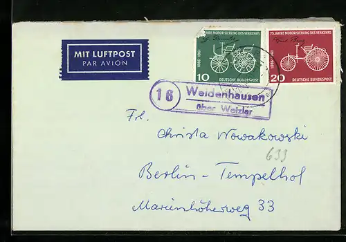 Brief Landpoststempel Weidenhausen über Wetzlar