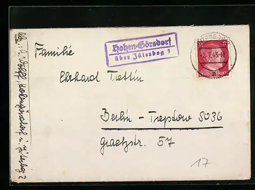 Brief Landpoststempel Hohen-Görsdorf über Jüterbog