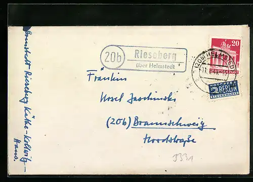 Brief Landpoststempel Rieseberg über Helmstedt