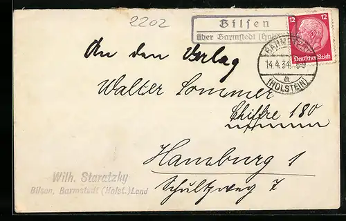 Briefumschlag Landpoststempel Bilsen über Barmstedt