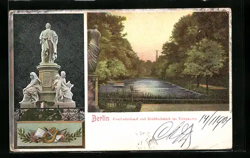AK Berlin-Tiergarten, Goethedenkmal & Goldfischteich im Grossen Tiergarten
