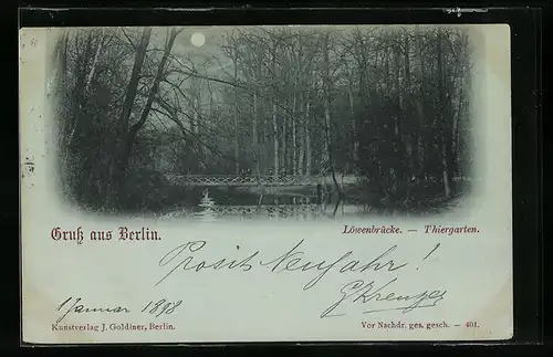 Mondschein-AK Berlin, Löwenbrücke im Tiergarten