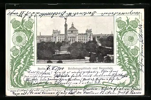 AK Berlin, Reichstagsgebäude und Siegessäule, Passepartout