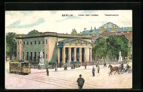 Lithographie Berlin, Blick nach der Hauptwache, Unter den Linden, Strassenbahn