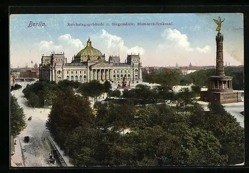 AK Berlin, Reichstagsgebäude und Siegessäule aus der Vogelschau