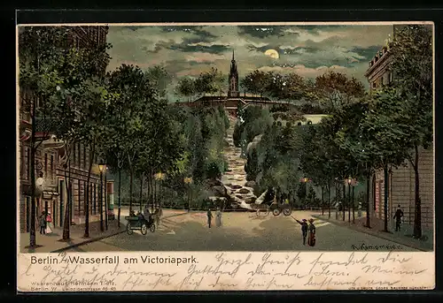 Lithographie Berlin-Kreuzberg, Wasserfall am Victoriapark, Pferdekutschen