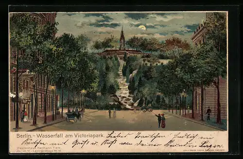 Lithographie Berlin-Kreuzberg, Wasserfall am Victoriapark, Pferdekutschen