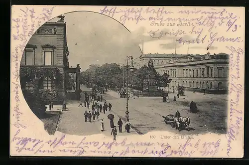 AK Berlin, Strasse Unter den Linden mit Denkmal