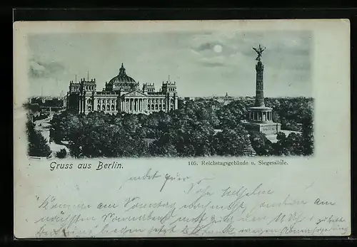 Mondschein-AK Berlin, Reichstagsgebäude und Siegessäule