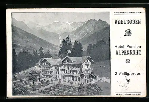 AK Adelboden, Hotel-Pension Alpenruhe G. Aellig mit Anlagen aus der Vogelschau