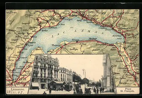 Passepartout-AK Lausanne, Place St. Francois, Landkarte Lac Léman und Umgebung