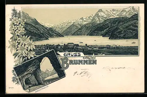 Lithographie Brunnen, Axenstrasse, Gesamtansicht mit Bergen bei bedecktem Himmel