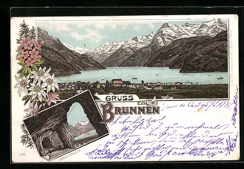 Lithographie Brunnen, Axenstrasse, Gesamtansicht mit Gebirge und See