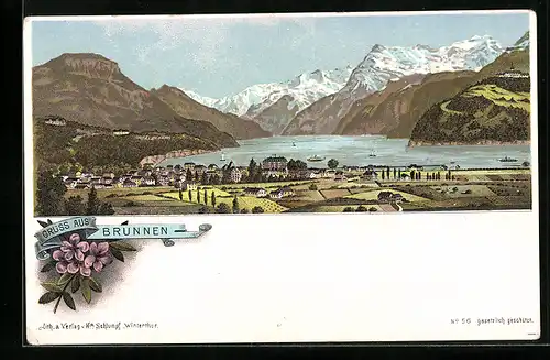 Lithographie Brunnen, Totalansicht mit See und Bergen