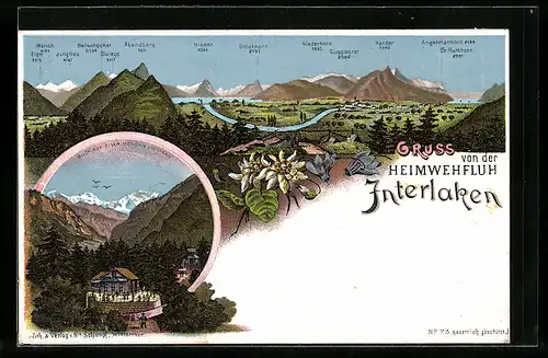 Lithographie Interlaken, Gasthaus auf der Heimwehfluh, Bergpanorama mit Gipfelbezeichnungen