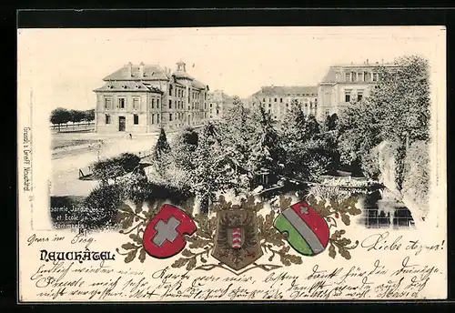AK Neuchatel, Academie, Jardin Desop et Ecole de Commerce, Wappen