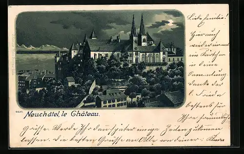 Lithographie Neuchatel, Teilansicht mit Schloss bei Vollmond