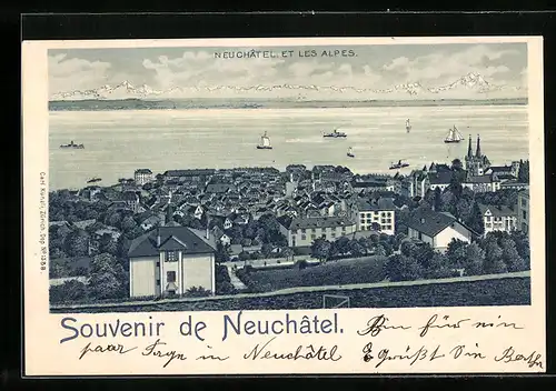 Lithographie Neuchatel, Neuchatel et les Alpes