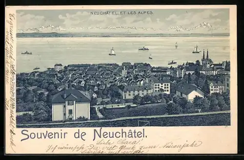 Lithographie Neuchatel, Teilansicht mit Wasser- und Alpenblick aus der Vogelschau