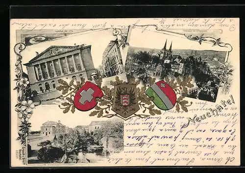 Passepartout-AK Neuchatel, Chateau et Collegiale, L`Hotel de Ville, Wappen