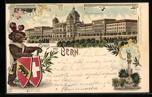 Lithographie Bern, Bundespalast, Bär mit Wappen