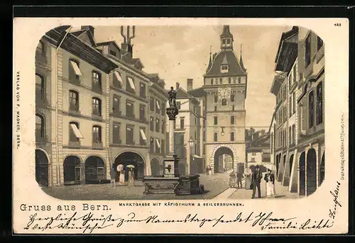 AK Bern, Marktgasse mit Käfigthurm und Seilerbrunnen