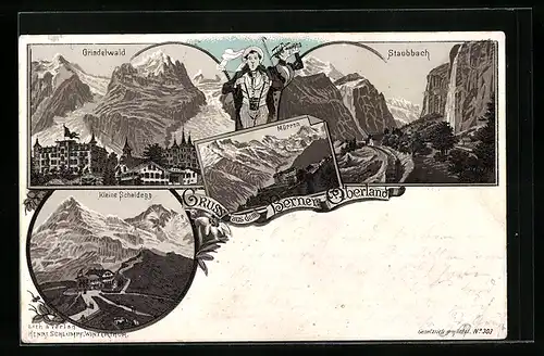 Lithographie Grindelwald, Staubbach, Kleine Scheidegg, Mürren, Ortsansicht