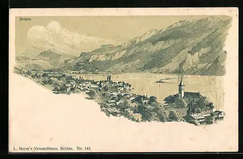 Lithographie Brienz, Ortsansicht mit Blick über den See