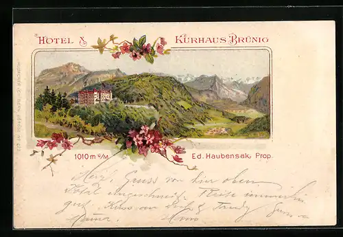 Lithographie Brünig, Hotel Kurhaus Brünig Ed. Haubensak mit Umgebung