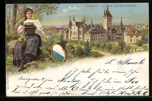 Lithographie Zürich, Züricherin in Nationaltracht, Landesmuseum, Wappen