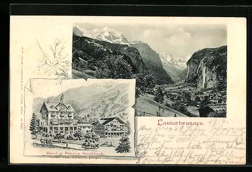 AK Lauterbrunnen, Hotel u. Pension Staubbach Gebr. von Allmen, Ortsansicht mit Bergen aus der Vogelschau