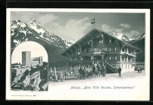 Lithographie Maloja, Hotel Villa Vecchia, Schweizerhaus, Schlossansicht