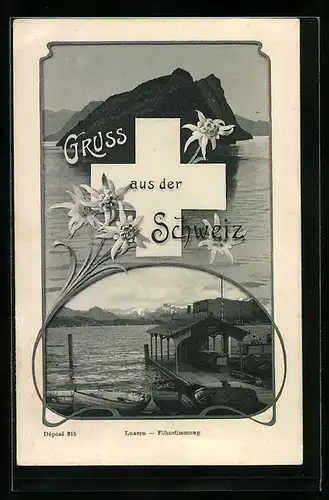 AK Luzern, Föhnstimmung am See, Schweizer Kreuz