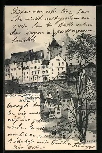 Künstler-AK Baden, Blick zum Gasthaus Jäger-Stübchen