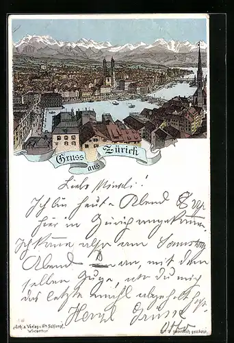 Lithographie Zürich, Teilansicht mit Kirche