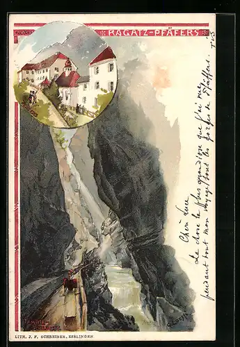 Lithographie Ragatz, Dorfpartie und Blick in die Klamm