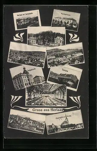 AK Herisau, Ortsansichten, Tonhalle, Postgebäude, Krankenhaus