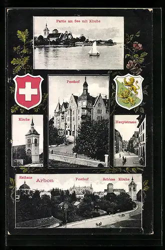 AK Arbon, Partie am See mit Kirche, Posthof, Hauptstrasse
